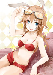 Rule 34 | 1girl, akatsuki hijiri, animal ears, arm support, bikini, bikini top only, blue eyes, breasts, brown hair, charlotte e. yeager, goggles, goggles on head, long hair, medium breasts, navel, open fly, open mouth, rabbit ears, rabbit girl, red bikini, short shorts, shorts, solo, strike witches, swimsuit, unzipped, world witches series