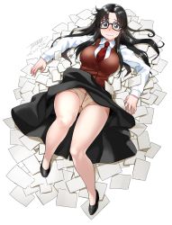 Rule 34 | 00s, 1girl, artist name, black-framed eyewear, black eyes, black footwear, black hair, black skirt, blush, breasts, clothes lift, collared shirt, crotch seam, full body, glasses, gusset, highres, large breasts, long hair, long skirt, long sleeves, lying, necktie, on back, panties, panties under pantyhose, pantyhose, paper, read or die, red necktie, red vest, see-through, see-through legwear, shirt, shoes, signature, skirt, skirt lift, solo, sweatdrop, tachibana roku, thighs, transparent background, underwear, vest, wavy mouth, yomiko readman