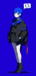 Rule 34 | 1girl, absurdres, ankle boots, backpack, bag, bare legs, black footwear, black jacket, black sailor collar, black serafuku, black shirt, black skirt, blue background, blue eyes, blue neckerchief, blunt bangs, blush, boots, closed mouth, commentary request, fami (yellow skies), full body, hair tie, hands in pockets, highres, jacket, long hair, long sleeves, looking at viewer, low twintails, medium skirt, neckerchief, open clothes, open jacket, original, sailor collar, school uniform, serafuku, shirt, simple background, skirt, solo, speech bubble, standing, tiptoes, twintails, unzipped, v-shaped eyebrows