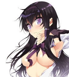 Rule 34 | 1girl, absurdres, akemi homura, akemi homura (magical girl), alternate breast size, bad id, bad pixiv id, black hair, blush, breasts, commentary request, convenient censoring, hair between eyes, hairband, highres, long hair, looking at viewer, magical girl, mahou shoujo madoka magica, mahou shoujo madoka magica (anime), medium breasts, misteor, no bra, purple eyes, ribbon, shiny skin, shirt, simple background, solo, torn, torn clothes, torn shirt, upper body, white background