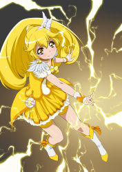Rule 34 | 10s, 1girl, 3:, bike shorts, bike shorts under skirt, blonde hair, boots, bow, choker, cure peace, double v, dress, electricity, eyelashes, frown, full body, grey background, hair flaps, hair ornament, hairpin, highres, iyakun, kise yayoi, long hair, magical girl, precure, shorts, shorts under skirt, skirt, smile precure!, solo, v, wide ponytail, wrist cuffs, yellow bow, yellow dress, yellow eyes, yellow shorts, yellow skirt, yellow theme