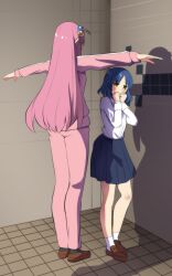 Rule 34 | 2girls, absurdres, assert your dominance (meme), bathroom, black skirt, blue hair, blush, bocchi the rock!, brown footwear, commentary, covering own mouth, cube hair ornament, english commentary, full body, gotoh hitori, hair ornament, highres, hinghoi, jacket, loafers, long hair, long legs, long sleeves, looking at another, meme, mole, mole under eye, multiple girls, one side up, outstretched arms, own hands together, pants, parted bangs, pink hair, pink jacket, pink pants, pleated skirt, school uniform, shadow, shirt, shoes, short hair, skirt, socks, t-pose, tile floor, tile wall, tiles, very long hair, white shirt, white socks, yamada ryo, yellow eyes