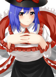 Rule 34 | 1girl, black skirt, blue hair, breasts, capelet, commentary, doge (jkdoge), frilled shawl, frills, highres, large breasts, long sleeves, looking at viewer, medium breasts, nagae iku, own hands together, red eyes, shawl, shirt, short hair, skirt, solo, touhou, white capelet, white shirt