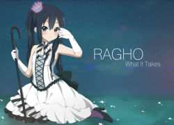 Rule 34 | 1girl, bare shoulders, black hair, blush, brown eyes, cane, crown, dress, elbow gloves, english text, gloves, k-on!, long hair, looking at viewer, mini crown, nakano azusa, official style, ragho no erika, sitting, sleeveless, solo, twintails