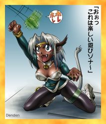 Rule 34 | 1990s (style), 1girl, :3, aisha clanclan, animal ears, aqua eyes, bell, blush stickers, bracelet, braid, breasts, cat ears, cat girl, cat tail, cat teaser, circlet, cleavage, dark skin, dark-skinned female, denden (dot collector), fangs, female focus, full body, jewelry, large breasts, long hair, open mouth, outlaw star, silver hair, single braid, solo, tail