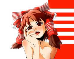 Rule 34 | 1girl, artificial vagina, bad id, bad pixiv id, bare shoulders, blush, bow, brown hair, collarbone, face, female focus, finger in own mouth, hair bow, hakurei reimu, hokuto (scichil), japanese clothes, miko, parody, red eyes, sex toy, short hair, solo, tenga, tongue, touhou