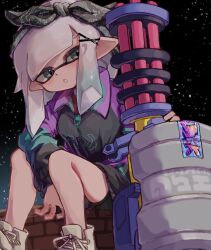 Rule 34 | 1girl, :o, aqua jacket, black bow, black hairband, black jacket, black shorts, blue hair, bow, bow hairband, commentary request, gatling gun, gradient hair, grey hair, gun, hair bow, hairband, heavy splatling (splatoon), highres, holding, holding gun, holding weapon, inkling, inkling girl, inkling player character, jacket, long hair, multicolored clothes, multicolored hair, multicolored jacket, night, night sky, nintendo, open mouth, outdoors, pointy ears, purple jacket, shoes, shorts, sitting, sky, solo, splatoon (series), splatoon 2, star (sky), tentacle hair, two-tone hair, weapon, white footwear, yksb inc6, zipper, zipper pull tab