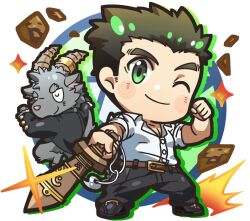 Rule 34 | 2boys, black pants, brown hair, chibi, clenched hand, drop shadow, furry, furry male, gakuran, glint, goat boy, goat horns, highres, holding, holding sword, holding weapon, horn ornament, horn ring, horns, loafers, magatama, male focus, multiple boys, nizitaro, one eye closed, pants, partially unbuttoned, protagonist 3 (housamo), salomon (housamo), school uniform, shirt, shoes, short hair, sparkle, sword, tokyo houkago summoners, weapon, white shirt