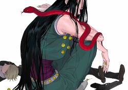 Rule 34 | 310108ad, 3boys, after battle, animal, animal on shoulder, black eyes, black hair, corpse, cropped shirt, empty eyes, expressionless, full body, highres, holding, holding needle, hunter x hunter, illumi zoldyck, knees up, long hair, looking at viewer, male focus, multiple boys, needle, pants, red snake, sideways glance, simple background, sitting, sleeveless, snake, solo focus, toned, toned male, unkempt, white background