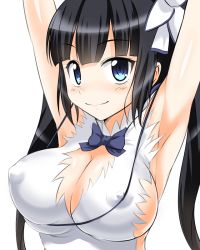 Rule 34 | 10s, 1girl, armpits, arms up, black hair, blue eyes, bow, breasts, cleavage, cleavage cutout, clothing cutout, covered erect nipples, dress, dungeon ni deai wo motomeru no wa machigatteiru darou ka, female focus, flo (guilty hearts), gloves, hair ornament, hair ribbon, hestia (danmachi), large breasts, long hair, looking at viewer, rei no himo, ribbon, short dress, sideboob, simple background, sleeveless, sleeveless dress, smile, solo, string, twintails, white background, white dress, white gloves