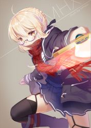 Rule 34 | 1girl, ahoge, artist name, artoria pendragon (all), artoria pendragon (fate), black coat, black thighhighs, blonde hair, blue-framed eyewear, blue skirt, blurry, blush, boots, brown background, character name, coat, covering own mouth, cowboy shot, depth of field, drawstring, duffel coat, fate/grand order, fate (series), foreshortening, garter straps, glasses, glowing, glowing sword, glowing weapon, knee boots, leg up, long sleeves, looking at viewer, mysterious heroine x alter (fate), mysterious heroine x alter (first ascension) (fate), neckerchief, open clothes, open coat, orange eyes, outstretched arm, plaid, plaid scarf, pleated skirt, pocket, red neckerchief, red scarf, rimuu, running, saber (fate), scarf, school uniform, semi-rimless eyewear, serafuku, short hair, sidelocks, simple background, skirt, solo, thighhighs, under-rim eyewear, weapon, white footwear