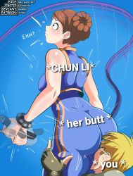 Rule 34 | 1boy, 1girl, alternate costume, ass, ass grab, blonde hair, blue eyes, blush, bracelet, breasts, brown hair, capcom, character name, chun-li, double bun, face in ass, from behind, gloves, highres, jewelry, jumping, leggings, pervert, rope, sexually suggestive, street fighter, street fighter zero (series), surprised, tagme, thighs