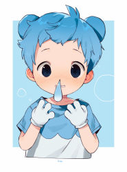 Rule 34 | 1boy, animal ears, bear ears, black eyes, blue background, blue hair, blush, child, commentary, creatures (company), crop top, cubchoo, ear blush, english commentary, game freak, gen 5 pokemon, highres, looking at viewer, male focus, nemui (nemuriyagi), nintendo, nose blush, personification, pokemon, runny nose, shirt, short sleeves, snot, solo, t-shirt