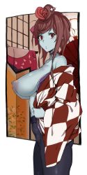 Rule 34 | 10s, 1girl, bare shoulders, black pantyhose, blue skin, breasts, brown hair, checkered clothes, checkered kimono, closed mouth, collarbone, colored skin, female pubic hair, gomu (chewinggom), hair ornament, high-waist pantyhose, highres, indoors, japanese clothes, kimono, large breasts, long hair, looking at viewer, nipples, no bra, no panties, off shoulder, open clothes, open kimono, pantyhose, pubic hair, puffy nipples, red eyes, scar, solo, undressing, yuugiri (zombie land saga), zombie, zombie land saga