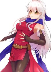 Rule 34 | 1girl, bare shoulders, belt, black gloves, black pantyhose, blue ribbon, blue scarf, brown belt, commentary request, cowboy shot, dress, elbow gloves, fingerless gloves, fire emblem, fire emblem: radiant dawn, gloves, hair ribbon, highres, long hair, looking at viewer, micaiah (fire emblem), nintendo, pantyhose, partial commentary, pouch, red dress, ribbon, scarf, shutchi, simple background, sleeveless, sleeveless dress, smile, solo, standing, thighs, very long hair, white background, white hair, yellow eyes