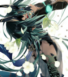 Rule 34 | 2boys, aether (genshin impact), arm tattoo, bare shoulders, bead necklace, beads, black gloves, black hair, blurry, blurry foreground, flower, genshin impact, gloves, glowing, green hair, half mask, holding, jewelry, leaf, long hair, maka (morphine), male focus, mask, multicolored hair, multiple boys, necklace, open mouth, simple background, sleeveless, solo focus, tattoo, white background, white flower, xiao (genshin impact), yellow eyes