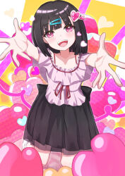 Rule 34 | 1girl, absurdres, aramedraw, balloon, black hair, black skirt, commentary, fang, frilled shirt, frilled socks, frills, hair ornament, hairclip, heart, heart-shaped pupils, heart balloon, heart hair ornament, highres, kneeling, looking at viewer, multicolored background, off-shoulder shirt, off shoulder, open mouth, original, pink eyes, pink shirt, reaching, reaching towards viewer, red ribbon, ribbon, shirt, short hair, short sleeves, skirt, socks, solo, strap, symbol-shaped pupils, teeth, tongue, upper teeth only, white background, white socks, yellow background