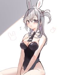 Rule 34 | 1girl, alternate costume, animal ears, arms between legs, bare legs, black leotard, black necktie, breasts, commentary request, cowboy shot, detached collar, grey hair, highres, kantai collection, leotard, long hair, medium breasts, necktie, one side up, playboy bunny, rabbit ears, sitting, solo, strapless, strapless leotard, suzuma (suzuma illust), suzutsuki (kancolle), v arms