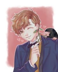 Rule 34 | 1boy, bow, bowtie, bowtruckle, brown eyes, brown hair, coat, fantastic beasts and where to find them, freckles, harry potter (series), heart, highres, leaf, male focus, newt scamander, niffler, portrait, teeth, usan93, wizarding world