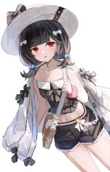 Rule 34 | 1girl, absurdres, bag, black hair, black male swimwear, black one-piece swimsuit, black swim trunks, blush, bow, breasts, collarbone, feet out of frame, granblue fantasy, hair bobbles, hair bow, hair ornament, handbag, hat, highres, jacket, jacket on shoulders, looking at viewer, male swimwear, medium hair, midriff, navel, one-piece swimsuit, open mouth, scrunchie, shiro wa (shiroshironix), shoulder bag, simple background, small breasts, solo, standing, sun hat, swim trunks, swimsuit, vikala (granblue fantasy), white background, white hat, white jacket, wrist scrunchie