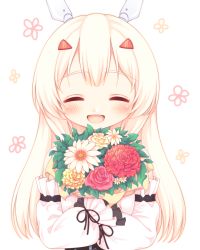 Rule 34 | 1girl, :d, ^ ^, ayanami (azur lane), azur lane, bare shoulders, blonde hair, blush, bouquet, closed eyes, commentary request, detached sleeves, dress, facing viewer, floral background, flower, hair ornament, hairclip, highres, long hair, long sleeves, hugging object, open mouth, puffy long sleeves, puffy sleeves, red flower, red rose, rose, sakurato ototo shizuku, simple background, smile, solo, upper body, white background, white dress, white flower, white sleeves, yellow flower, yellow rose