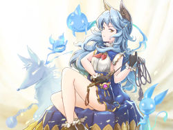 Rule 34 | 1girl, animal ears, ayamix1020, ball and chain restraint, black gloves, blue hair, blue skirt, brown eyes, brown footwear, capelet, cloak, dog, earrings, ferry (granblue fantasy), ghost, gloves, granblue fantasy, highres, holding, holding whip, jewelry, long hair, sitting, skirt, smile, solo, very long hair, whip, white background