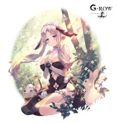 Rule 34 | animal ears, aqua eyes, braid, breasts, easter egg, egg, fake animal ears, forest, full body, grey hair, hair ornament, hands on own chest, heterochromia, highres, hlidskjalf, large breasts, long hair, nature, official alternate costume, official art, on ground, outdoors, phantom of the kill, pink eyes, rabbit, sitting, to maru, tree, wariza