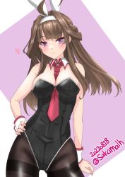 Rule 34 | 1girl, ahoge, alternate costume, animal ears, between breasts, black leotard, black pantyhose, blush, breasts, brown hair, covered navel, detached collar, double bun, gluteal fold, hair bun, hairband, hand on own hip, highres, kantai collection, kongou (kancolle), leotard, lips, long hair, looking at viewer, medium breasts, necktie, necktie between breasts, nitamako (sakamalh), pantyhose, playboy bunny, purple eyes, rabbit ears, simple background, strapless, strapless leotard, twitter username, two-tone background, white background