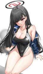 Rule 34 | 1girl, absurdres, black hair, blue archive, blush, breasts, commentary request, competition swimsuit, covered navel, elze (s01047480836), feet out of frame, hair ornament, hairclip, halo, highres, jacket, korean commentary, large breasts, long hair, one-piece swimsuit, open clothes, open jacket, red eyes, rio (blue archive), school swimsuit, sitting, solo, sweat, swimsuit, thighs, very long hair
