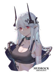 Rule 34 | 1girl, absurdres, areaaaron, arknights, bandages, bare shoulders, black choker, breasts, character name, choker, cleavage, commentary, copyright name, crop top, cropped torso, hair between eyes, highres, infection monitor (arknights), large breasts, long hair, looking at viewer, material growth, midriff, mudrock (arknights), mudrock (elite ii) (arknights), oripathy lesion (arknights), pointy ears, red eyes, sarashi, silver hair, simple background, solo, sports bra, stomach, upper body, white background