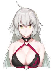 Rule 34 | 1girl, ahoge, bare shoulders, bikini, black bikini, breasts, closed mouth, collar, commentary request, fate/grand order, fate (series), glint, grey hair, highres, jeanne d&#039;arc alter (swimsuit berserker) (fate), jeanne d&#039;arc (fate), jeanne d&#039;arc alter (fate), jeanne d&#039;arc alter (swimsuit berserker) (fate), large breasts, long hair, looking at viewer, muchi maro, nepty (silkey vod), o-ring, o-ring top, raised eyebrow, simple background, solo, swimsuit, upper body, white background, yellow eyes