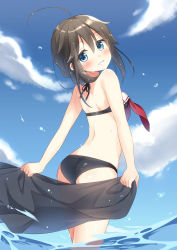 Rule 34 | 10s, 1girl, adapted costume, ahoge, ass, bare shoulders, bikini, black hair, blue eyes, blush, braid, from behind, gradient background, hair flaps, hair ornament, hair ribbon, kantai collection, long hair, looking at viewer, looking back, masuishi kinoto, ribbon, shigure (kancolle), shigure kai ni (kancolle), shima (shima je), single braid, smile, solo, swimsuit, wading