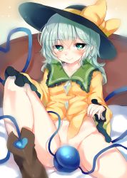 Rule 34 | 1girl, bottomless, bow, censored, clothes lift, convenient censoring, green eyes, groin, hat, hat bow, highres, komeiji koishi, long sleeves, looking at viewer, naked shirt, no panties, paragasu (parags112), shirt, shirt lift, silver hair, sitting, smile, solo, spread legs, third eye, touhou, wide sleeves