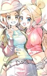 2girls belt blonde_hair blue_eyes breasts brown_hair brown_jacket creatures_(company) crop_top female_protagonist_(pokemon_legends:_z-a) forehead game_freak gradient_hair green_jacket grey_eyes hat highres jacket long_sleeves mismatched_eyebrows multicolored_hair multicolored_jacket multiple_girls nintendo open_clothes open_jacket pants pastel_colors pink_eyebrows pink_hair pokemon pokemon_legends:_z-a shirt short_hair shuri_(84k) taunie_(pokemon) turtleneck two-tone_hair two-tone_jacket white_hat white_shirt