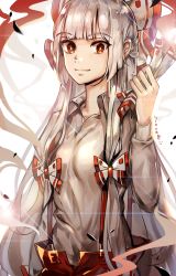 Rule 34 | 1girl, a maru, bad id, bad pixiv id, baggy pants, bow, collared shirt, fujiwara no mokou, hair bow, hand up, long hair, long sleeves, looking at viewer, multicolored bow, pants, red bow, red eyes, red pants, shirt, silver hair, smile, smiley face, solo, suspenders, touhou, very long hair, white bow, white shirt