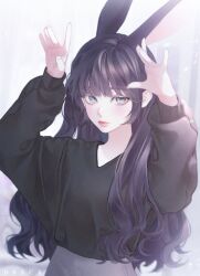 Rule 34 | 1girl, animal ears, arms up, artist name, black sweater, blue eyes, closed mouth, dback, eyelashes, highres, lips, long hair, long sleeves, looking at viewer, original, purple hair, rabbit ears, rabbit girl, rabbit pose, red lips, sleeves past wrists, solo, sweater, upper body, v-neck