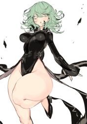 Rule 34 | 1girl, bare hips, bare legs, black dress, breasts, curly hair, curvy, dress, gluteal fold, green eyes, green hair, high collar, highres, looking at viewer, medium breasts, medium hair, messy hair, one-punch man, one leg raised, shoes, tatsumaki, thick thighs, thighs, usa37107692, white background, wide hips