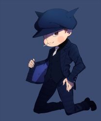 Rule 34 | 1boy, ;3, adapted costume, alternate costume, animal ear headwear, animal ears, black footwear, blue background, blue hat, blue jacket, blue pants, blue sleeves, blue suit, blush stickers, brown hair, buttons, cabbie hat, cat ears, cigarette, closed mouth, clothes grab, coattails, collared jacket, commentary request, danganronpa (series), danganronpa v3: killing harmony, diagonal-striped jacket, diagonal-striped sleeves, fake animal ears, fingernails, formal, full body, grey eyes, half-closed eye, hand on own hip, hat, holding, holding cigarette, hoshi ryoma, jacket, jacket grab, kneeling, kogarashi 8, long sleeves, male focus, mouth hold, one eye closed, open clothes, open jacket, pants, partial commentary, shoes, short hair, simple background, smile, solo, striped clothes, striped jacket, striped pants, striped sleeves, suit, two-sided fabric, two-sided jacket, very short hair