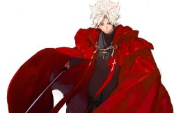Rule 34 | 1boy, amakusa shirou (fate), brown eyes, cape, cassock, cowboy shot, cross, cross necklace, dark-skinned male, dark skin, earrings, fate/apocrypha, fate (series), jewelry, katana, looking at viewer, male focus, necklace, pako (pakosun), red cape, smile, solo, spiked hair, stole, sword, weapon, white hair
