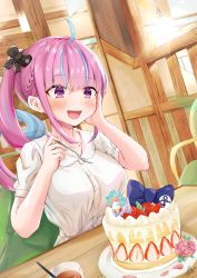 Rule 34 | 1girl, absurdres, ahoge, black ribbon, blue bow, blue hair, blunt bangs, blush, bow, braid, breasts, cake, chair, colored inner hair, cup, drinking straw, food, fork, french braid, fruit, hair ribbon, hand on own cheek, hand on own face, highres, holding, holding fork, hololive, indoors, kairono3jou, long hair, looking at viewer, minato aqua, multicolored hair, nail polish, one side up, open mouth, purple eyes, purple hair, ribbon, shirt, short sleeves, sitting, smile, solo, strawberry, streaked hair, table, two-tone hair, virtual youtuber, white shirt, wooden table