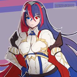 Rule 34 | 1girl, alear (female) (fire emblem), alear (fire emblem), blue eyes, blue hair, breasts, female focus, fire emblem, fire emblem engage, gzei, highres, intelligent systems, long hair, looking at viewer, matching hair/eyes, multicolored hair, nintendo, red eyes, red hair, solo, twitter username, two-tone hair, very long hair