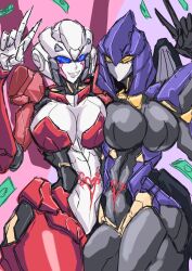 Rule 34 | 2girls, arcee, blue eyes, breasts, breasts squeezed together, colored skin, grotesquerampag, helmet, highres, humanoid robot, large breasts, mask, mecha musume, mechanical wings, mouth mask, multiple girls, nightbird (transformers), robot, thick thighs, thighs, transformers, v, wings, yellow eyes