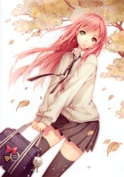 Rule 34 | 1girl, absurdres, autumn, bag, black thighhighs, bow, cardigan, contrapposto, earrings, green eyes, hair ornament, hairclip, heterochromia, highres, jewelry, leaf, long hair, mouth hold, necktie, niya, original, pink hair, pleated skirt, radiation symbol, scan, school bag, school uniform, skirt, solo, standing, star (symbol), star earrings, thighhighs, tidsean, tree, white background, wind, yellow eyes, zettai ryouiki