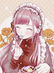 Rule 34 | 1girl, blush, bow, bow earrings, braid, closed mouth, cup, earrings, eating, closed eyes, fingernails, flower, food request, frills, green hair, hatching (texture), highres, holding, holding cup, holding spoon, jewelry, long hair, maid, maid headdress, mole, mole under eye, mole under mouth, multicolored hair, orange flower, original, patterned background, pink hair, red bow, roroichi, smile, solo, sparkle, spoon, streaked hair, upper body