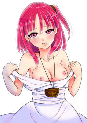 Rule 34 | 1girl, absurdres, blush, breasts, dress, highres, jewelry, magi the labyrinth of magic, morgiana, necklace, nipples, one side up, pout, red eyes, red hair, short hair, simple background, solo, white background, white dress, yuzuki suzu