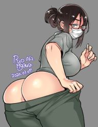 Rule 34 | 1girl, 2020, agawa ryou, anus, anus only, anus peek, ass, bent over, black hair, breasts, brown hair, commentary, dated, glasses, green eyes, grey background, large breasts, long hair, looking at viewer, looking back, mouth mask, original, pants, ponytail, red-framed eyewear, simple background, solo, suppository, sweat