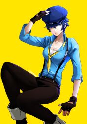 Rule 34 | 1girl, arm up, black gloves, black pants, blue eyes, blue hair, blue headwear, blue shirt, breasts, cabbie hat, cleavage, closed mouth, collarbone, commentary request, feet out of frame, fingerless gloves, gloves, hair between eyes, hand on headwear, hat, highres, igusaharu, legs, lips, long sleeves, looking at viewer, medium breasts, necktie, pants, persona, persona 4, persona 4: dancing all night, persona dancing, shirogane naoto, shirt, short hair, simple background, sitting, smile, solo, suspenders, twitter username, yellow background, yellow necktie
