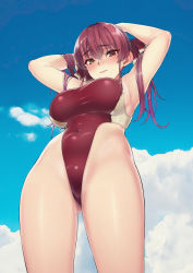 Rule 34 | 1girl, absurdres, arms behind back, blue sky, blush, breasts, closed mouth, cloud, covered navel, day, hair ribbon, highres, hololive, houshou marine, huge filesize, large breasts, long hair, looking at viewer, one-piece swimsuit, open mouth, oshiruko (oshiruco 212048), red eyes, red hair, red one-piece swimsuit, red ribbon, ribbon, sky, solo, swimsuit, thighs, twintails, virtual youtuber