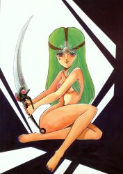 Rule 34 | 1980s (style), 1girl, aran rei, breasts, full body, green hair, highres, lemon people, long hair, looking at viewer, medium breasts, non-web source, nude, oldschool, pasties, red eyes, retro artstyle, sitting, smile, solo, star pasties, sword, tongue, tongue out, traditional media, weapon