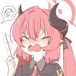 Rule 34 | 1boy, 1girl, 2657314861, black horns, blue archive, blush, closed eyes, crying, dango, demon horns, doodle sensei (blue archive), food, hair between eyes, halo, highres, holding, horns, junko (blue archive), licking lips, necktie, open mouth, pointy ears, red hair, red halo, red necktie, sensei (blue archive), shirt, simple background, tongue, tongue out, twintails, wagashi, white background